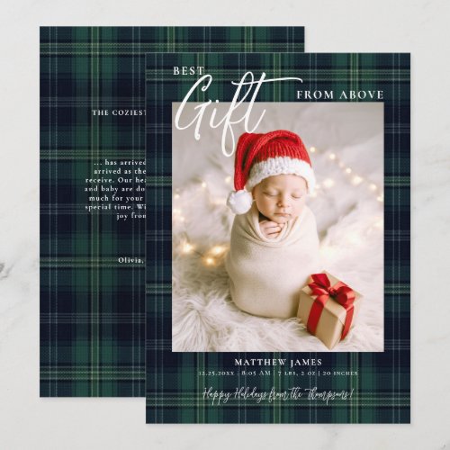 Gift from Above Green Plaid Modern Baby Christmas Holiday Card