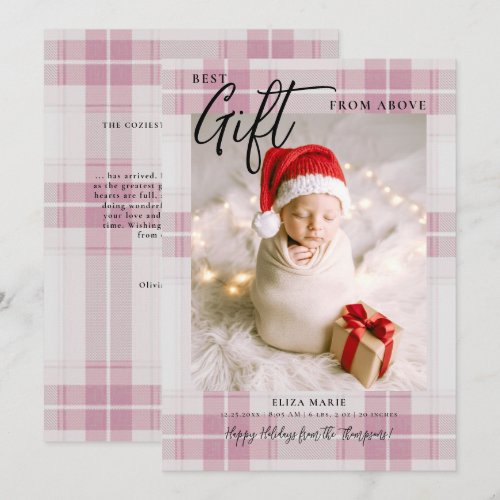 Gift from Above Pink Tartan Modern Baby Christmas Holiday Card