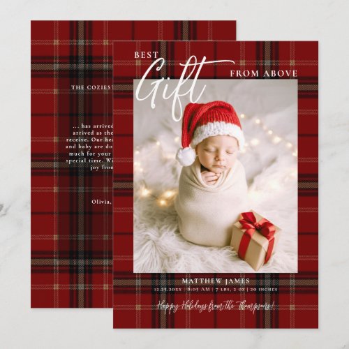 Gift from Above Red Plaid Modern Baby Christmas Holiday Card