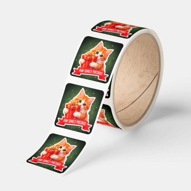 Gift-Hugging Cat Sticker – Cute Christmas Kitten  (Roll)