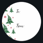Gift Labels w/ Dancing Green Christmas Trees<br><div class="desc">Christmas trees interspersed with red snowflakes seem to dance at the left of this design. The words "To:" and "From:" have been placed in appropriate spaces so you can write your gift giver and recipient names when they are placed on your packages. Coordinating designs are available so take a look...</div>