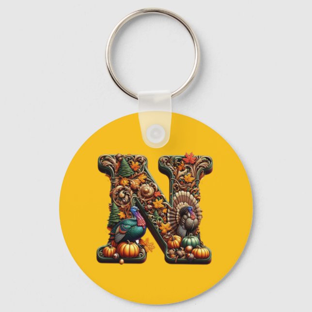 Gift Letter N Thanksgiving style  Keychain (Front)