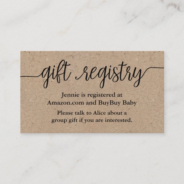 Gift Registry Card, Rustic Kraft Baby Shower Enclosure Card (Front)
