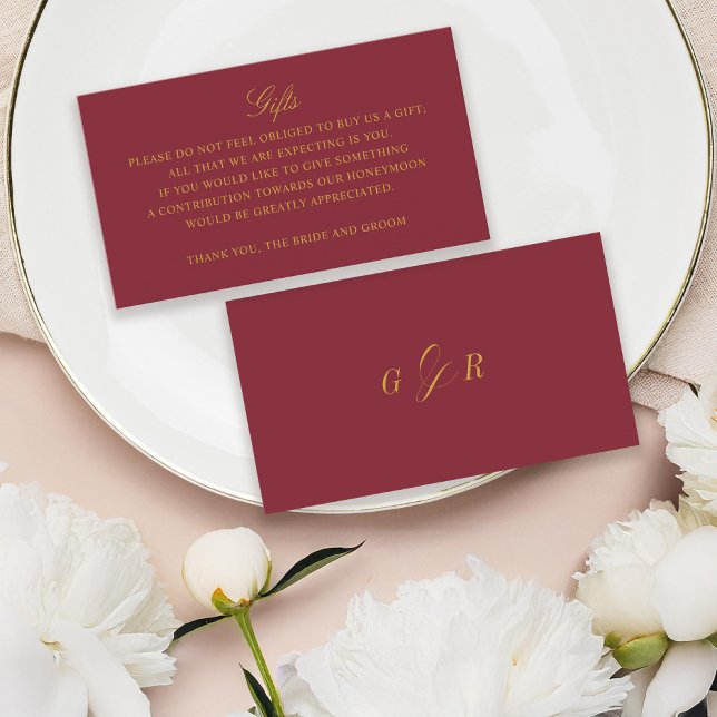 Gift Registry Honeymoon Burgundy Wedding Monogram Enclosure Card (Creator Uploaded)