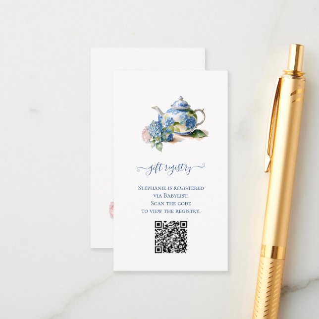  Gift Registry QR Code Blue Hydrangea Baby Shower  Enclosure Card (Front/Back In Situ)