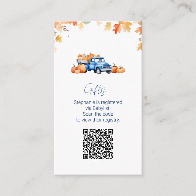  Gift Registry QR Code Blue Truck Little Pumpkin  Enclosure Card (Front)