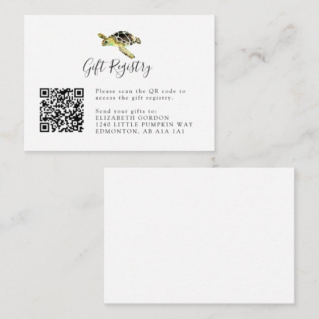 Gift Registry QR Code Sea Turtle Baby Shower Enclosure Card (Front/Back)