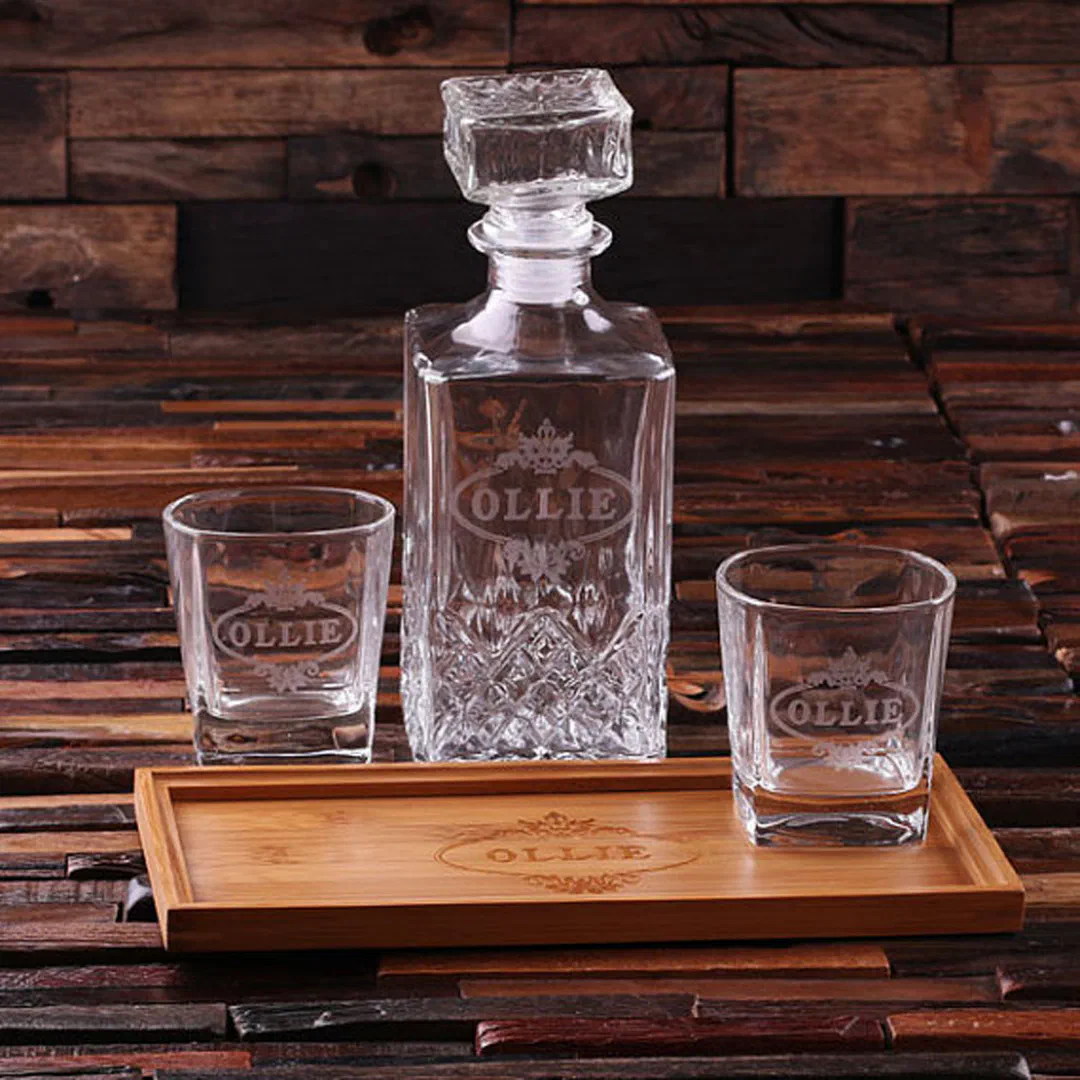 Gift Set: Bar Tray, Glasses & 28 oz. Decanter (Front)