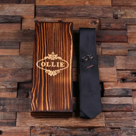 Gift Set: Monogram Cufflinks, Tie Bar & Black Tie (Top)