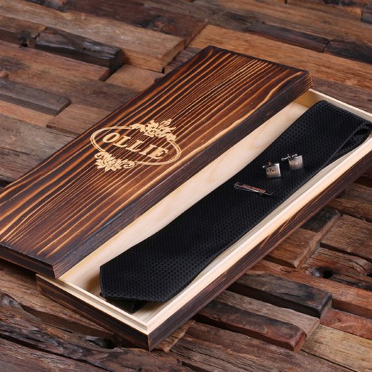 Gift Set: Monogram Cufflinks, Tie Bar & Black Tie (Inside)