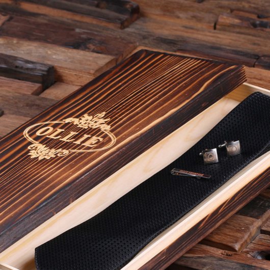 Gift Set: Monogram Cufflinks, Tie Bar & Black Tie (Inside)