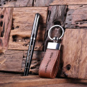 Gift Set of Brown Leather Keychain & Black Pen (Front)
