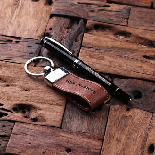 Gift Set of Brown Leather Keychain  Black Pen