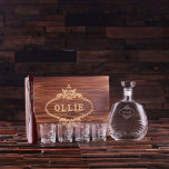 Gift Set: Shoe Horn, Shot Glasses & Decanter<br><div class="desc">4pc gift set for men,  includes: whiskey decanter,  four shot glasses,  shoe horn,  and keepsake wood box.</div>