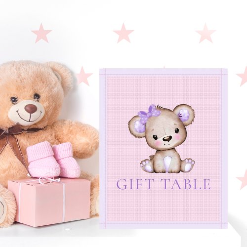 Gift Table Cute Girl Purple Bear Baby Shower Poster