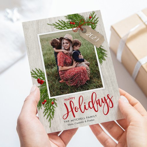 Gift Tag Greenery Farmhouse Holiday Photo Card