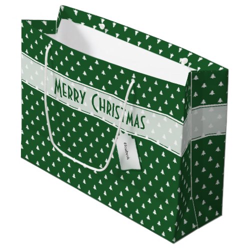 Gift Tag Name Merry Christmas Green Tree Pattern Large Gift Bag