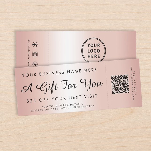 Gift Voucher Rose Gold Ticket With QR Stub (Christmas Holiday Gift Voucher Black Gold Template Raffle Tickets)