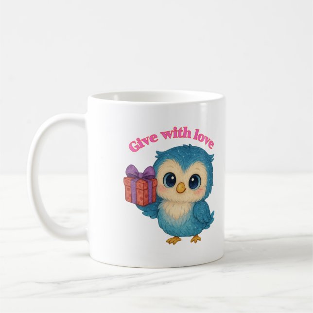 Gift with Love – Cute Owl with Present Coffee Mug (Left)