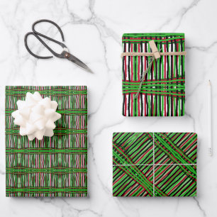 Gift Wrap Paper Green, Black, Red Weave