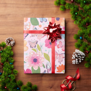 Gift Wrap, Pink Flowers and Butterflies Wrapping Paper