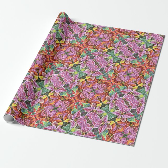 Gift Wrap Roll SG Red & Pink Poinsettias (Unrolled)