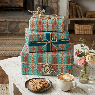 Gift Wrap With Aqua Turquoise Orange Brown Mosaic