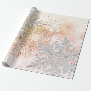GIFT WRAPPING BENTLEY SNOWFLAKES PEACH AND GREY WRAPPING PAPER