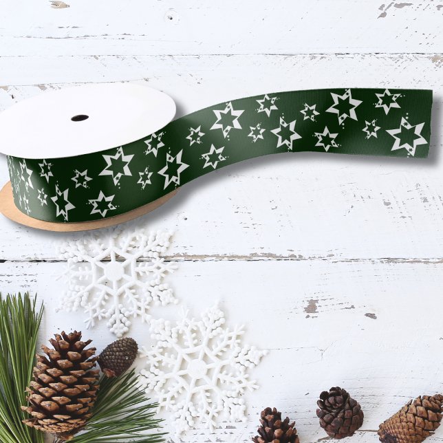 Gift Wrapping Customizable white Stars Green  Satin Ribbon (Creator Uploaded)