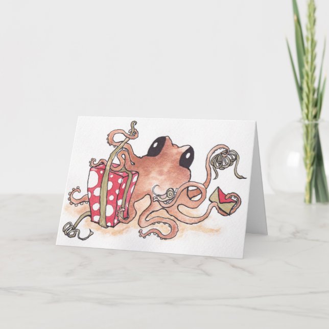 Gift-wrapping Octopus Holiday Card (Front)