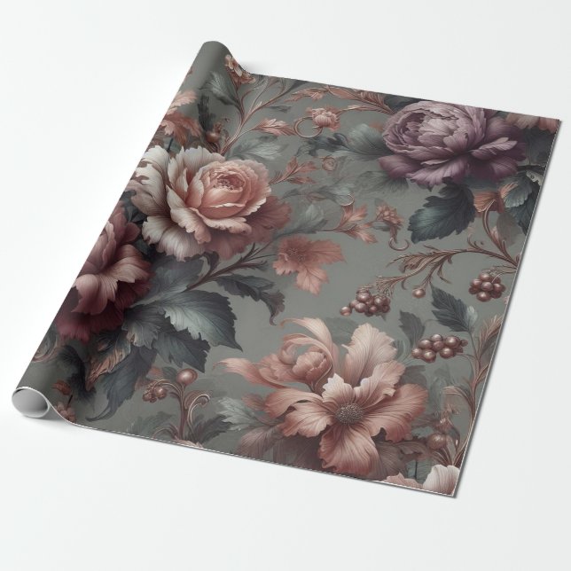 Gift Wrapping Paper Floral Plum Copper Rose (Unrolled)