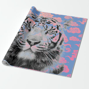 GIFT WRAPPING TIGER WITH PINK JAPANESE CLOUDS PAPER