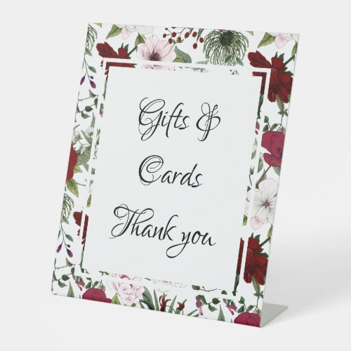 Gifts and Cards Burgundy White Pink Floral Wedding Pedestal Sign