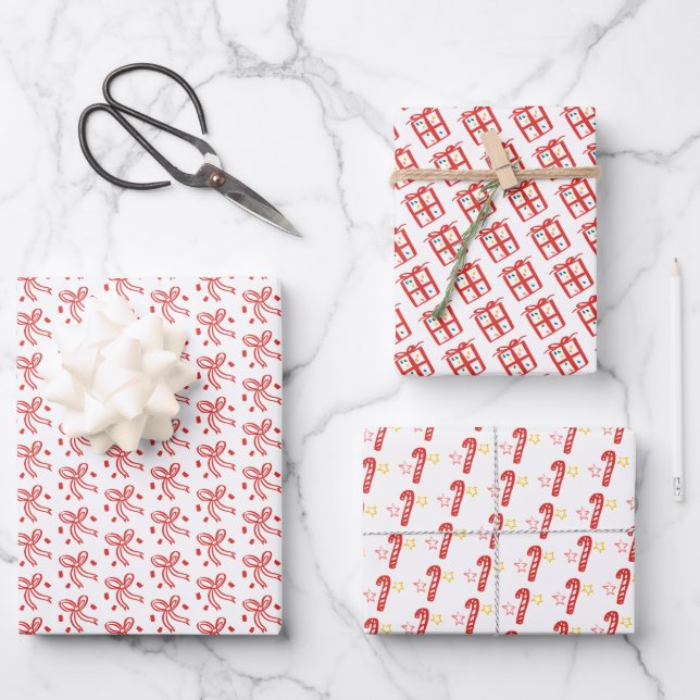 Gifts Bows Candycanes Doodle CHRISTMAS Holiday Red Wrapping Paper Sheets (Front)