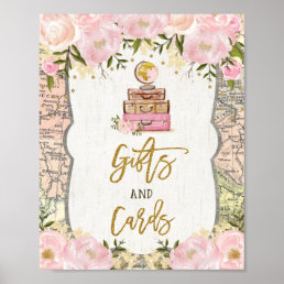 Gifts Cards Travel Map Bridal Shower Vintage Peony Poster