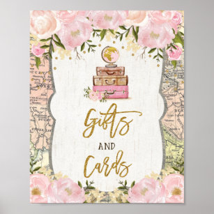 Gifts Cards Travel Map Bridal Shower Vintage Peony Poster