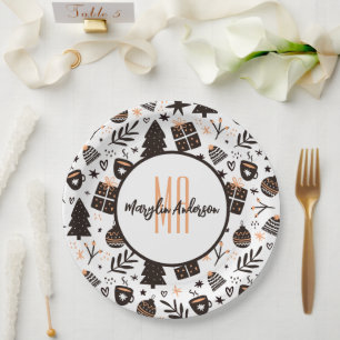 GIFTS CHRISTMAS TREES & ORNAMENTS PATTERN MONOGRAM PAPER PLATES