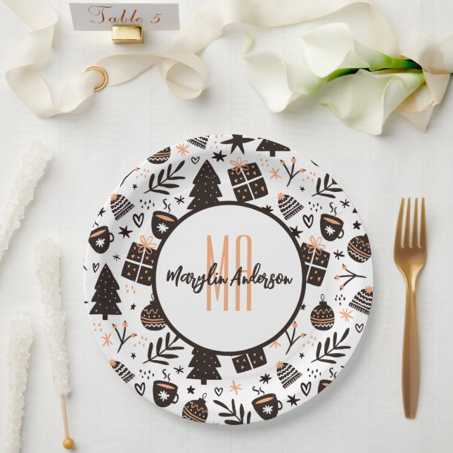 GIFTS CHRISTMAS TREES & ORNAMENTS PATTERN MONOGRAM PAPER PLATES (Wedding)