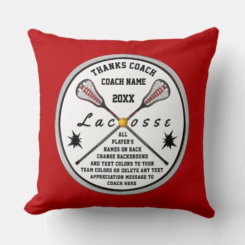Gifts for Lacrosse Coaches in Your Colors and Text Throw Pillow