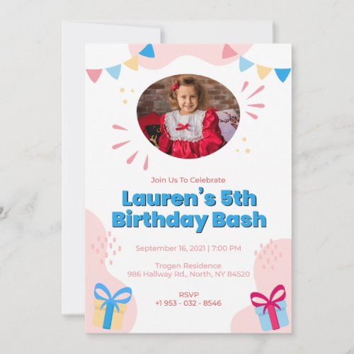 Gifts Galore Little Girls 5th Birthday Bash Invitation
