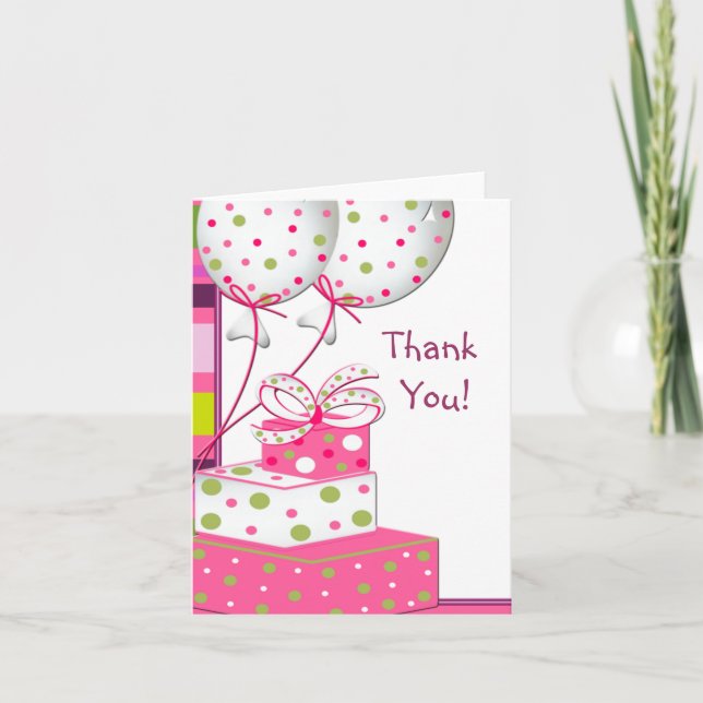 Gifts Green Pink Balloons Thank You Cards (Front)