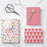 Gifts of Christmas Red and Pink Wrapping Paper She<br><div class="desc">Fun and colorful Christmas pattern in shades of red,  green,  blue and off-white,  inspired by Scandinavian,  mid-century modern design.</div>