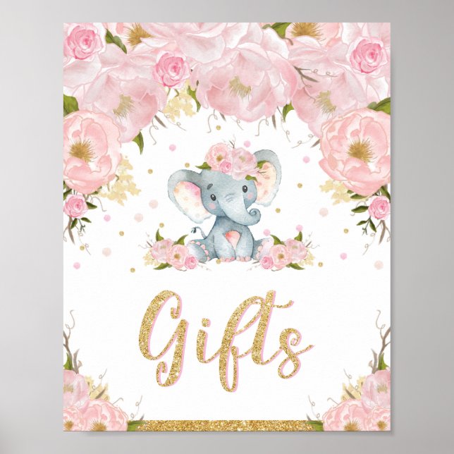 Gifts Sign Poster Elephant Birthday Baby Shower (Front)