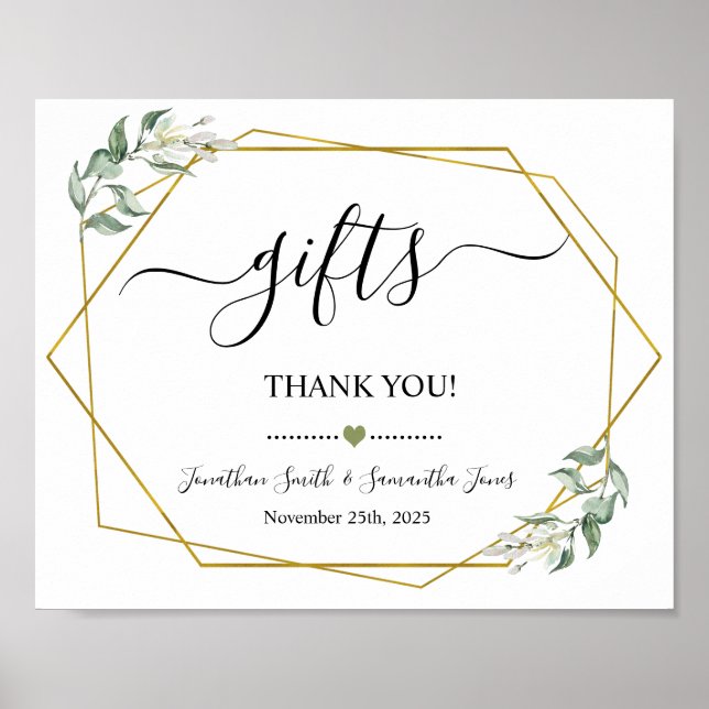 Gifts sign shower wedding reception greenery gold (Front)