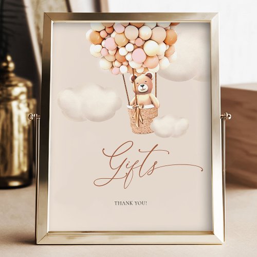 Gifts Table Sign Brown Bear Pink Balloon Girl Baby
