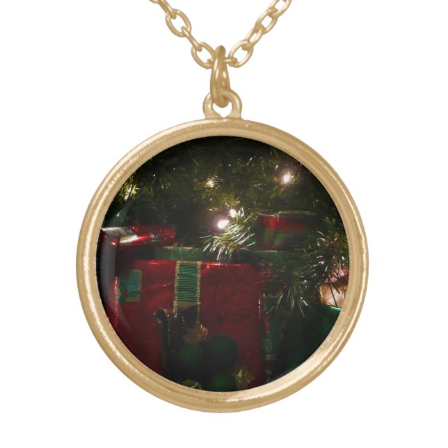 Gifts Under the Tree Christmas Holiday Gold Plated Necklace (Front)