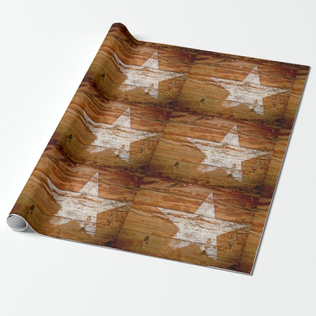 Giftwrap Distressed Wood Grain Painted White Star Wrapping Paper (Unrolled)