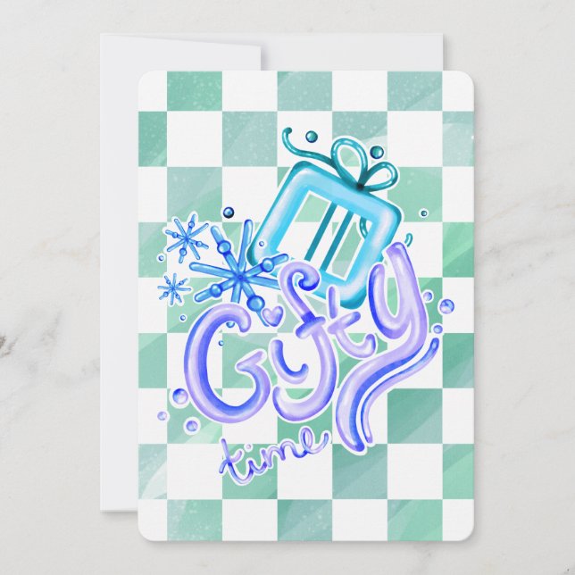 Gifty Time Blue Purple Checkerboard Christmas Holiday Card (Front)