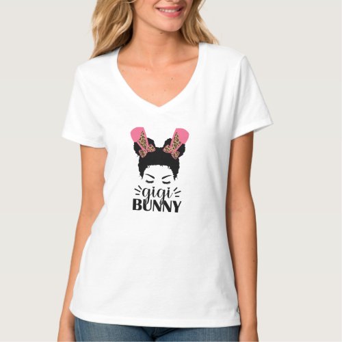 Gigi Bunny Leopard Messy Bun Rabbit Ears Easter T_Shirt