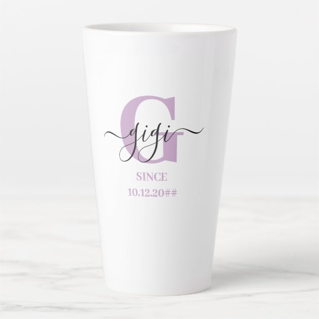 Gigi Elegant Script Monogram Lilac White Latte Mug (Front)
